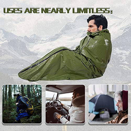 Emergency Sleeping Bag Survival Bivy Sack Use as Emergency Blanket Lightweight Survival Gear for Outdoor Hiking Camping Keep Warm After Earthquakes, Hurricanes and Other disasters - color: Green Set