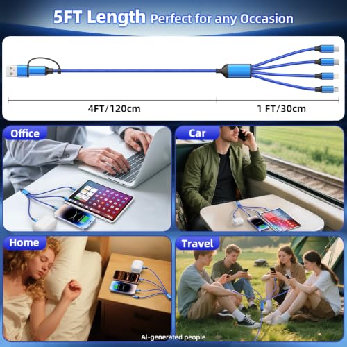 4 in 2 USB A/C Multi Charging Cable, Charging Cords for Multiple Devices | 2 Pack 5FT Multi Charger Cable with 2 Type-C, IP, Micro USB Cable, Phone Charger Cord for iPhone 17-8, Android, iPad, Galaxy - color: Blue