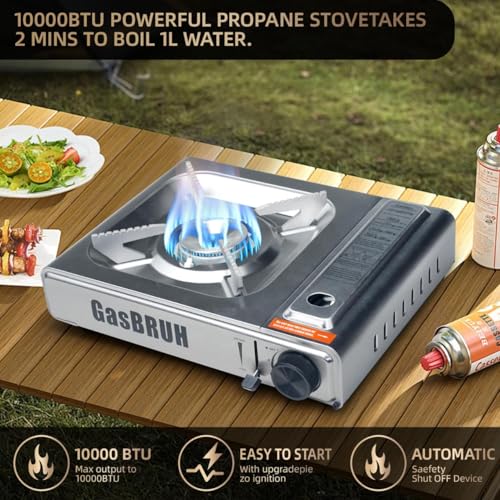 GasBRUH Single Butane Camping Stove with Windblocker, 10000BTU Stainless Steel Portable Camping Stove with Carry Case,Gas Stove for Camping,Tailgating,Outdoor Cooking,Emergency(Fuel not included) - color: Silver