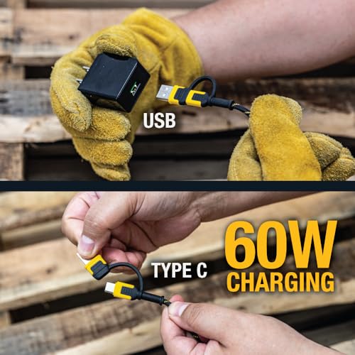 DEWALT Heavy Duty 4-in-1 Cable, Type C/MicroUSB/USB, (6ft, Black) | Cables for iPhone 17/16/15 iPad, USBC All in One Charging Cable, HTC, LG, Samsung Galaxy, Android, iPad Pro, Micro-to-C