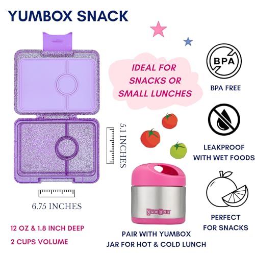Yumbox Snack Box, 3 Compartments, Leakproof, Princess Purple | Glitter | Removable Compartment Tray | Easy-Open Single Latch | Lightweight & Compact | Perfect for Snacks & Sides - color: Princess Purple Glitter
