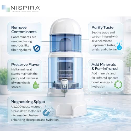 Nispira Super Mineral Countertop Gravity Water Filter System 12L 3-Gallon Household Economical Drinking Pot Water Dispenser