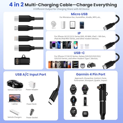 3 in 1 Multi Charging Cable for Garmin Watch Charger, 2Pack 4FT | USB A/C Universal Charging Cords for Garmin Watch/iPhone17-5/Galaxy/Tablets/PS,Home,Office,Cruise Vacation Camping Essentials - color: Black, size: 4FT