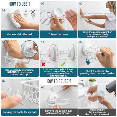 TAILI Soap Holder, Soap Dish Suction Cup with Hooks, Stainless Steel, White | Soap Dish for Shower, Bathroom Bar soap holder Shower Wall, Stainless Steel Sponge Holder for Tub Kitchen - color: White