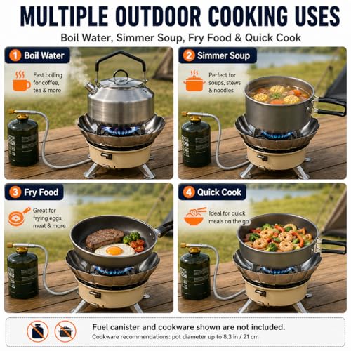 Butane Camping Stove, Portable Windproof Camping Gas Stove with Built-in Windshield, Piezo Ignition, Propane Canister Adapter, Foldable Burner for Backpacking Hiking Outdoor Cooking
