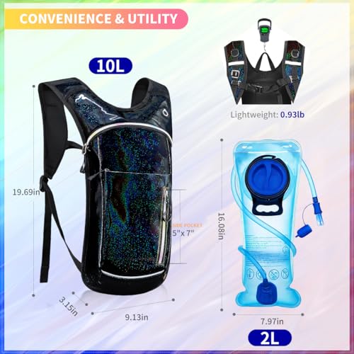 Hydration Backpack, Water Backpack with 2L Hydration Bladder, Rave Backpack Hydration Pack, Festival Essential for Raves, Hiking, Cycling, Climbing, Running, Outdoor, Camping and More - color: Holographic - Black