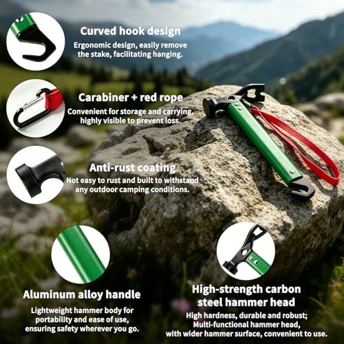 Carbon Steel Aluminum Camping Hammer, 12" Small Lightweight Three-in-One Functional Tent Stake Hammer for Hiking Kit Green - color: Green