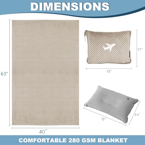 Travel Blanket Airplane Compact with Bag, Travel Essentials 3 in 1 Packable Airplane Blanket, Travel Pillow and Blanket Set, Inflatable Pillow, Luggage Sleeve & Backpack Clip (Camel) - color: Camel