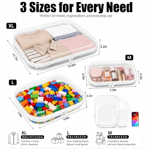 3 Pack Clear Hard Shell Zipper Case (1XL + 1L + 1M, White) | Travel Toiletry Bag, Waterproof 1.2mm PET Hard Plastic Pouches, Organizer Box for Makeup, Toy, Snack, Stationery, Diaper - color: White(XL+L+M)