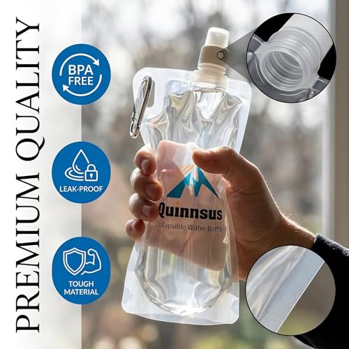 Quinnsus 2-Pack 1L Collapsible Water Bottles, 33oz BPA-Free Reusable Plastic Flasks, Foldable Backpacking Water Bottle Bag for Traveling, Hiking, Camping, Running