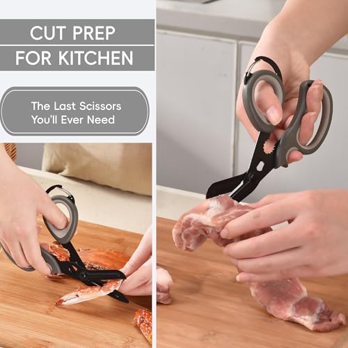 MEUUT All Purpose Scissors 2 Packs with Carabiner for Kitchen Outdoor | 7.5-inch heavy duty all purpose, Ambidextrous, micro-serrated stainless steel blades, integrated O2 wrench, soft rubber grip - color: Grey+grey