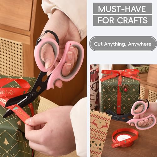 MEUUT All Purpose Scissors 2 Packs with Carabiner for Kitchen Outdoor | 7.5-inch heavy duty all purpose, Ambidextrous, micro-serrated stainless steel blades, integrated O2 wrench, soft rubber grip - color: Pastel Pink+pastel Pink