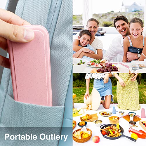 Reusable Travel Utensils Set with Case, 4 Sets Wheat Straw Portable Knife Fork Spoons Tableware, Eco-Friendly BPA Free Cutlery for Kids Adults Picnic Camping Utensils(Green, Beige, Pink, Blue) - color: 4 Sets - Green, Beige, Pink, Blue