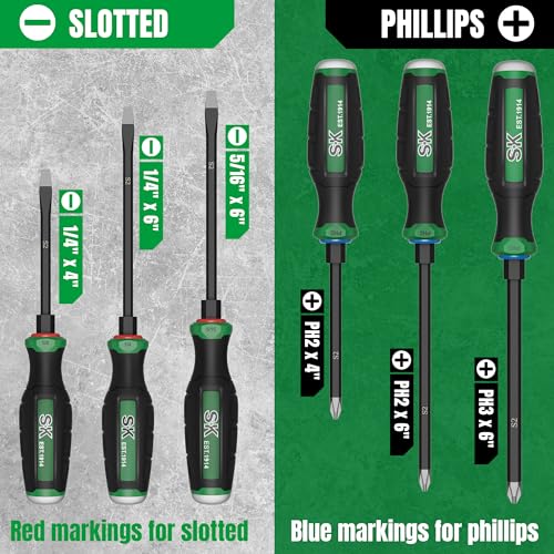 SK 6-Piece Screwdriver Set Heavy Duty, Demolition Screwdriver, S2 Steel | Magnetic Slotted/Phillips Tips, Strike-cap Design for High-impact, Hex Bolster, SureGrip Handle - size: 6PC