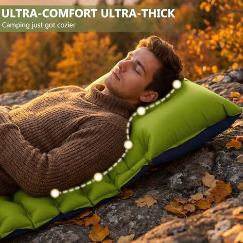 Sleeping Pad, Ultralight Camping Mattress with Pillow, Built-in Foot Pump Inflatable Sleeping Pad Compact for Camping Backpacking Traveling Hiking Tent, Single, Green