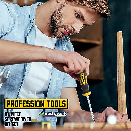 Amartisan 10-Piece Magnetic Screwdrivers Set, 5 Phillips and 5 Slotted Tips Professional Cushion Grip Screwdriver Set 2pcs Portable Multifunction Key Mini Screwdriver (Yellow)