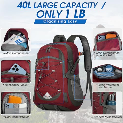 IGOLUMON Hiking Backpack 40L Packable Lightweight Camping Daypack Men Women | Multi-compartment storage Water-resistant Foldable Nylon Material Hiking Day pack for Camping Cycling Outdoor - color: Red