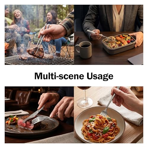iNKULEER 100% Pure Titanium Travel Cutlery Set | Reusable Utensils with Metal Case | Portable Silverware for Camping, Office, Travel & Outdoor Dining - color: Pure Titanium