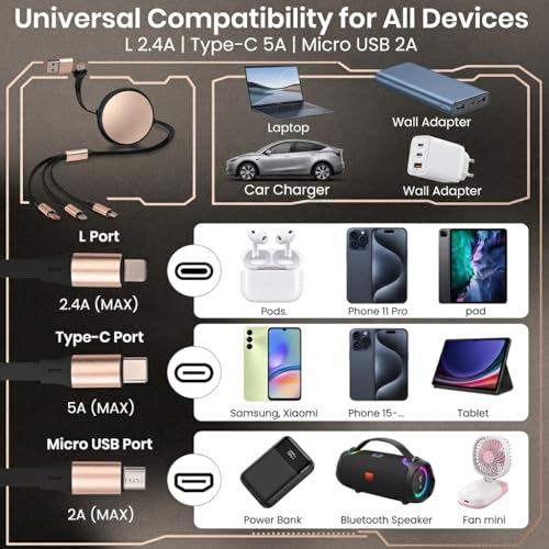 120W Fast Multi Charging Cable, 6 in 1 Retractable Charger (Ebony Golden) | 5A Fast Charging | 6 in 1 Retractable | L Port USB C Micro | Durable Braided | Adjustable 10.2 to 44.1 in | Data sync USB C - color: Ebony Golden