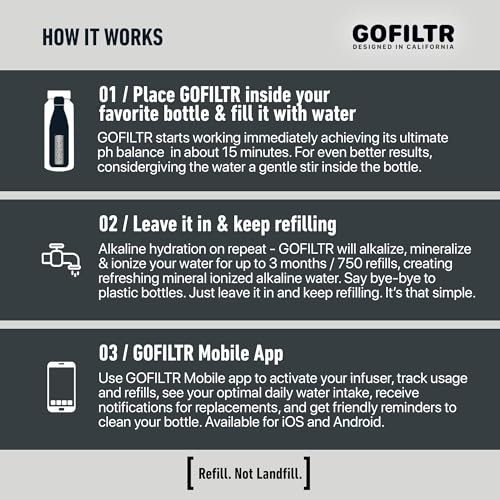 GOFILTR Magnesium Alkaline Water Infuser - 9.5 pH + Electrolytes for Any Water Bottle/Small Pitcher, 750 Refills / 3 Months, Ionized Mineral Water Infuser (Original 1 Pack) - color: Alkaline Magnesium