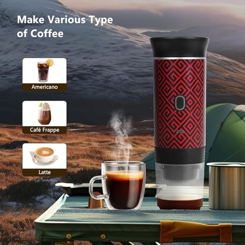 HX HECLX Coffee Maker Gift Set for Camping,Battery Powered Portable Electric Espresso Machine, Rechargeable Coffee Maker Self Heating Ground Coffee Capsule for RV, Hiking (Red) - color: Red