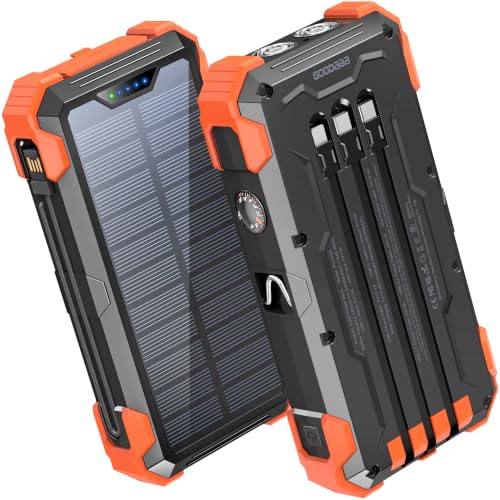 GOODaaa Solar Power Bank 24000mAh, Portable Charger with 4 Built-in Cables, Fast Charging 5 Outputs 2 Inputs Battery Pack, Thermometer & SOS Flashlight for iPhone 17/16, Samsung, All Cell Phones - color: Orange