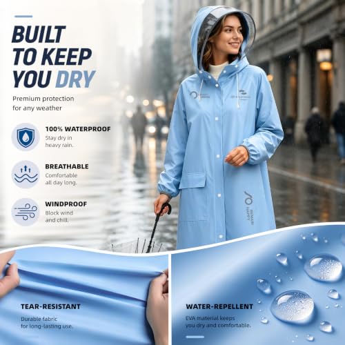Women's EVA Raincoat, Waterproof Hooded Long Rain Poncho - color: Blue02, size: Large
