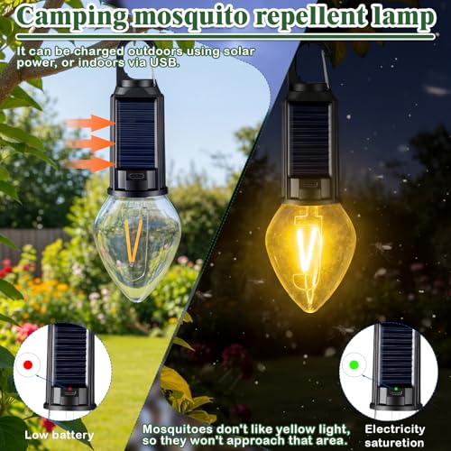 4 Pack Solar Tent Lights for Camping, Yellow Mosquito Repellent Light Bulbs, Rechargeable Hanging Lanterns with Hooks, Portable Bug Proof LED Lantern for Camping, Hiking & Emergency Power(T01)