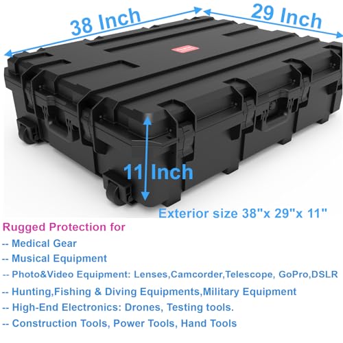 Regetek Waterproof Hard Case 38 x 29 x 11 Inch, Rolling Hard Case with Wheels,Customizable Foam,3 Large Handle, for cameras, Equipment, tool, IP67,Shockproof, Inner 32.8" x23.9" x8.6"