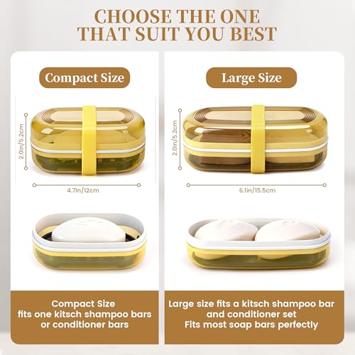 Shampoo Bar Holder and Soap Case, Leakproof Travel Container with Lid & Drain Tray, Includes Silicone Strap and Soap Bag, Compatible with Kitsch Solid Shampoo & Conditioner Bars(Lemon Yellow, Large) - color: Lemon Yellow Style A-large