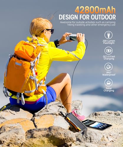 Mregb Solar Charger Power Bank 42800mAh, Portable Charger, Solar Power Bank,External Battery Pack 5V3.1A Qc 3.0 Fast Charger Built-in Super Bright Flashlight (Orange) - color: Orange