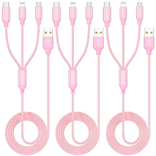 Multi Charging Cable 4ft 3Pack 3 in 1 Charger Cord, Multiple Rapid Cable | Nylon Braided Cable USB Charging Cable Multi Phone Charger Cord with Type C Micro Lightning for Apple iPhone17-5 Cell Phones - color: Pink-4ft
