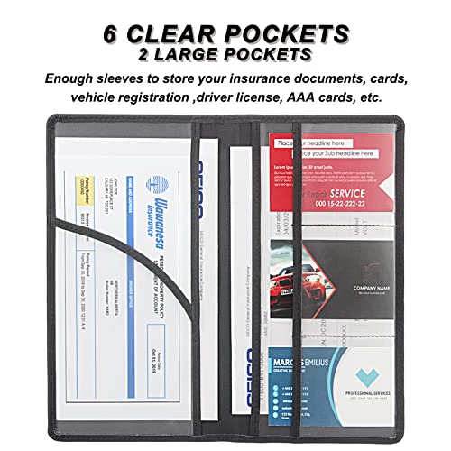 Car Registration & Insurance Holder, Black | Faux leather glove box organizer with magnetic closure. 6 slots, clear PVC windows for cards and documents - color: 10-Black