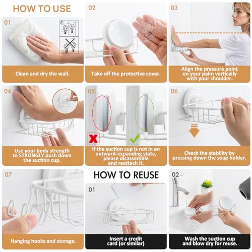Bar Soap Holder with Hooks, Suction Cup Soap Dish Stainless Steel | Soap Holder Shower Wall Mounted, Soap and Razor Holder for Shower, Rustproof for Bathroom, Sponge Holder Saver, White - color: White, size: 1 Tire