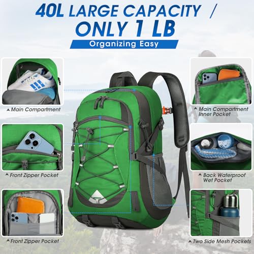 IGOLUMON Hiking Backpack 40L Packable Lightweight Camping Daypack Men Women | Multi-compartment storage Water-resistant Foldable Nylon Material Hiking Day pack for Camping Cycling Outdoor - color: Grass Green