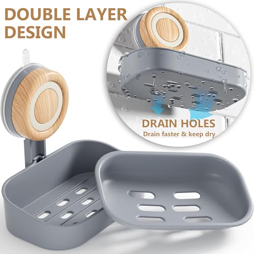 Double Layer Soap Dish for Shower 2 Pack, Wall Mounted Bar Soap Holder Suction Cup 2 Layer Self Draining Soap Case Sponge Holder for Shower Bathroom, Tub and Kitchen Sink, Grey - color: Grey