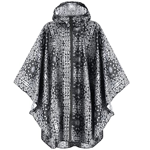 ANYOO Waterproof Rain Poncho Lightweight Reusable Hiking Hooded Coat Jacket for Outdoor Activities - color: Black Flower