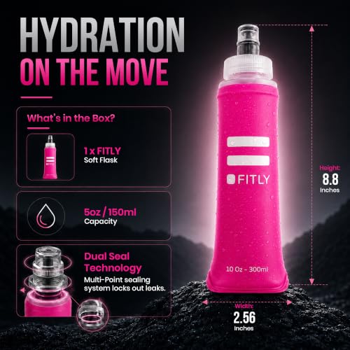 FITLY Soft Flask - Shrink As You Drink Soft Water Bottle for Hydration Pack - Folding Water Bottle Ideal for Running, Hiking, Cycling, Climbing & Rigorous Activity - color: Pink, size: 10 Ounces