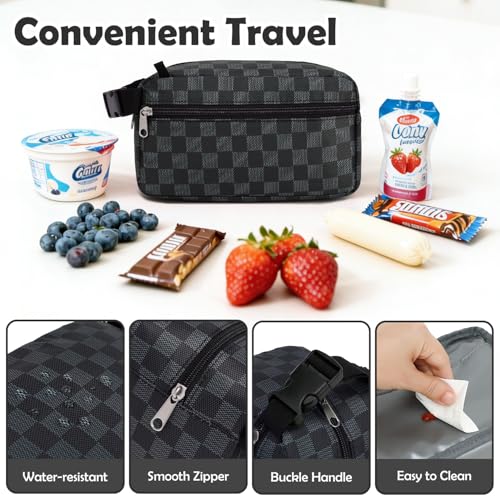 Fammart Freezable Snack Bag with Removable Ice Packs, Small Insulated Lunch Bag Mini Cooler, Leakproof Reusable Snack Lunch Box with Buckle Handle for Work, Travel, Office - Checkered Gray - color: with Ice Packs - Checkered Gray