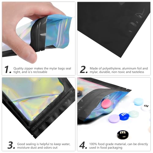 Funfery 100pcs Mylar Holographic Bags-Resealable Zipper&Clear Window (Black, 5.5 x 7.9 Inch) - color: Black, size: 5.5 x 7.9 Inch