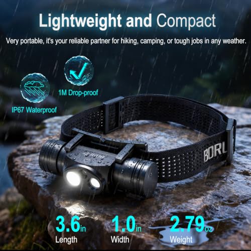 BORUIT HP440 Headlamp Rechargeable,with White and Red Light,180° Adjustable | Spot Light & Flood Light, Bright 1020 Lumen Head Lamp, 9 Modes,Type-C Charging, IP67 Waterproof for Camping, Hiking, Hunting