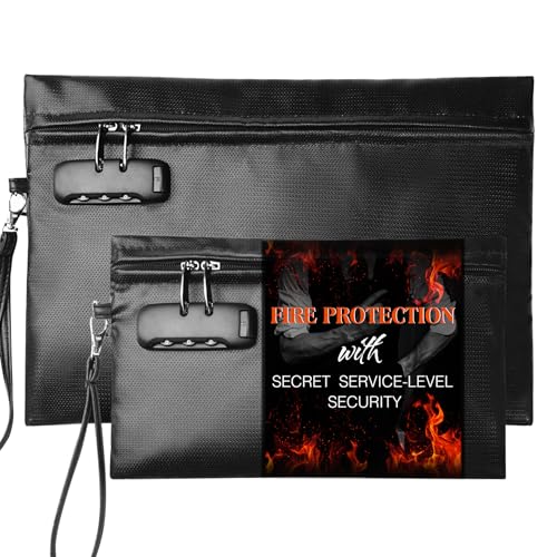 Fireproof Document Bag Set with Lock, 2 Pcs Money Box for Cash & Passport, 6200°F Fire Proof Bag for Documents 14"x9.8" & 10.6" x 6.7", Fireproof Document Safe, Waterproof Money Bags Pouch with Zipper