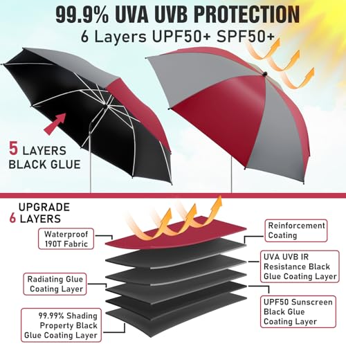 2 Pack Beach Umbrella with 360 Universal Clamp, UPF50+ Umbrella Outdoor Patio Sun Protection for Chairs, Beach &Patio Use (Not Include Chair) - color: Grey / Wine Red