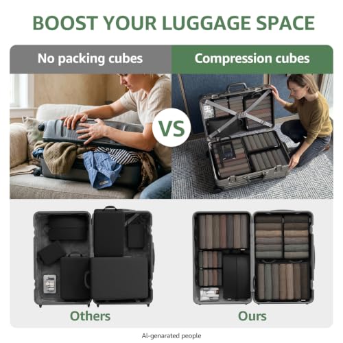 10 Set Compression Packing Cubes for Travel Essentials Luggage, Mesh Collapsible Packing Cubes for 26 Inch Luggage, Expandable Travel Packing Organizers with Shoe Laundry Bag (Black, 26") - color: Black, size: 10 Set (For 26" Luggager/Large)