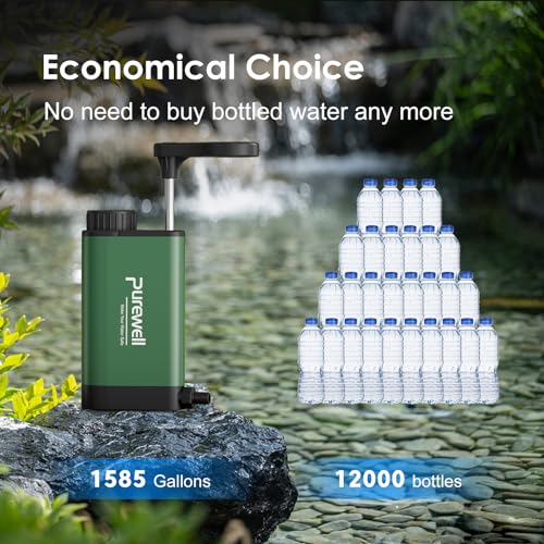 Purewell Replaceable Stainless Steel Water Filter for Stainless Steel Water Purifier - Emergency Water Filter Pump with 3-Stage Integrated Filter for Camping Hiking Backpacking