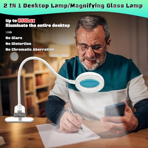 10X Magnifying Glass with Light, Clip on Magnifier with Light,LED Desk Lamp | Adjustable Gooseneck, 3 Color Modes & 12 Brightness, Table Magnifying Lamp for Bed Book Reading Work Crafts Painting Repair - color: White