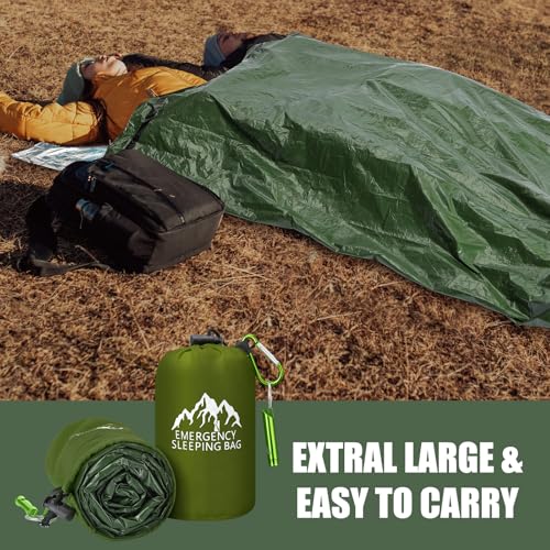 Oudain 6 Pcs XL Emergency Sleeping Bag Waterproof Bivy Sack Whistle - color: Green