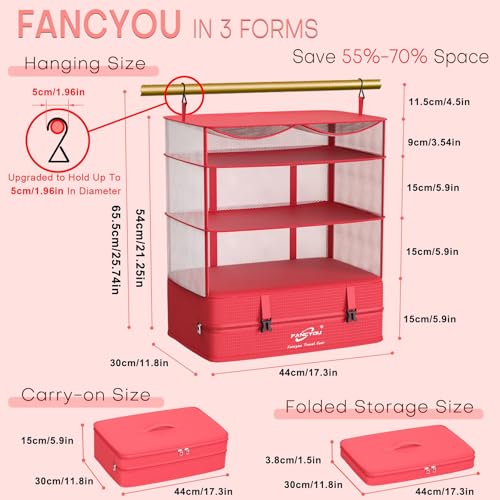 Compressible Packing Cubes Portable Hanging Closet Shelves 17"x12"x24" Extendable Travel Organizer Nylon Packing Bags for Suitcase - color: Red