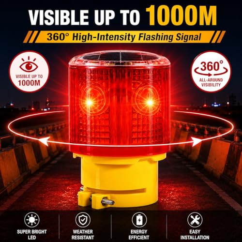 Solar Strobe Warning Light: 360 Degree Super Bright LED Flashing Light Wireless Install Automatically Turn On/Off Waterproof for Construction, Traffic, Dock, Marine, Crane Tower, Factory (Red-6PCS) - color: Red-6PCS