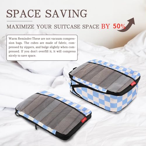 U+U 6 Set Compression Packing Cubes, Travel Organizers (Blue Checkered) | Space-Saving & Drawstring Bag Included - color: Blue Checkered, size: 6 Set